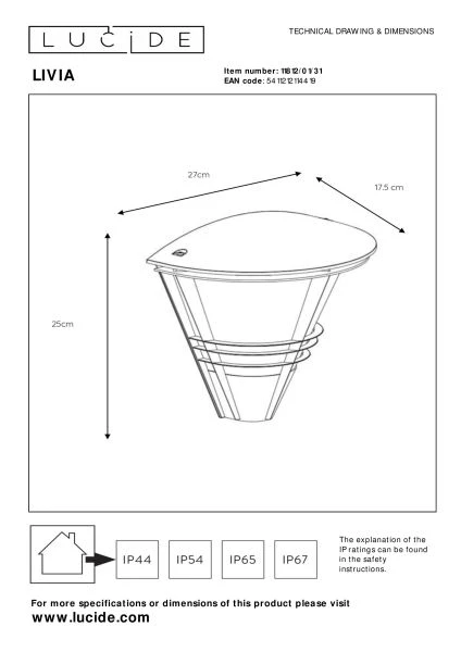 Lucide LIVIA - Wall light Indoor/Outdoor - 1xE27 - IP44 - White - technical